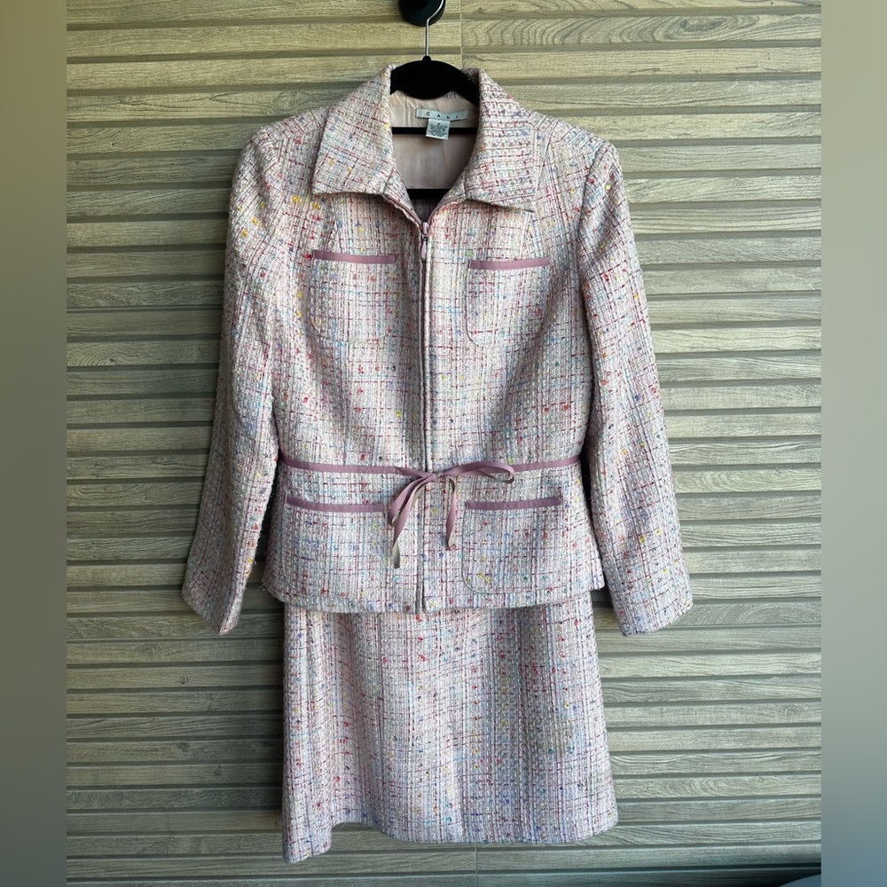 Classic Womens Tweed Jacket & Skirt Set - Pink Multi